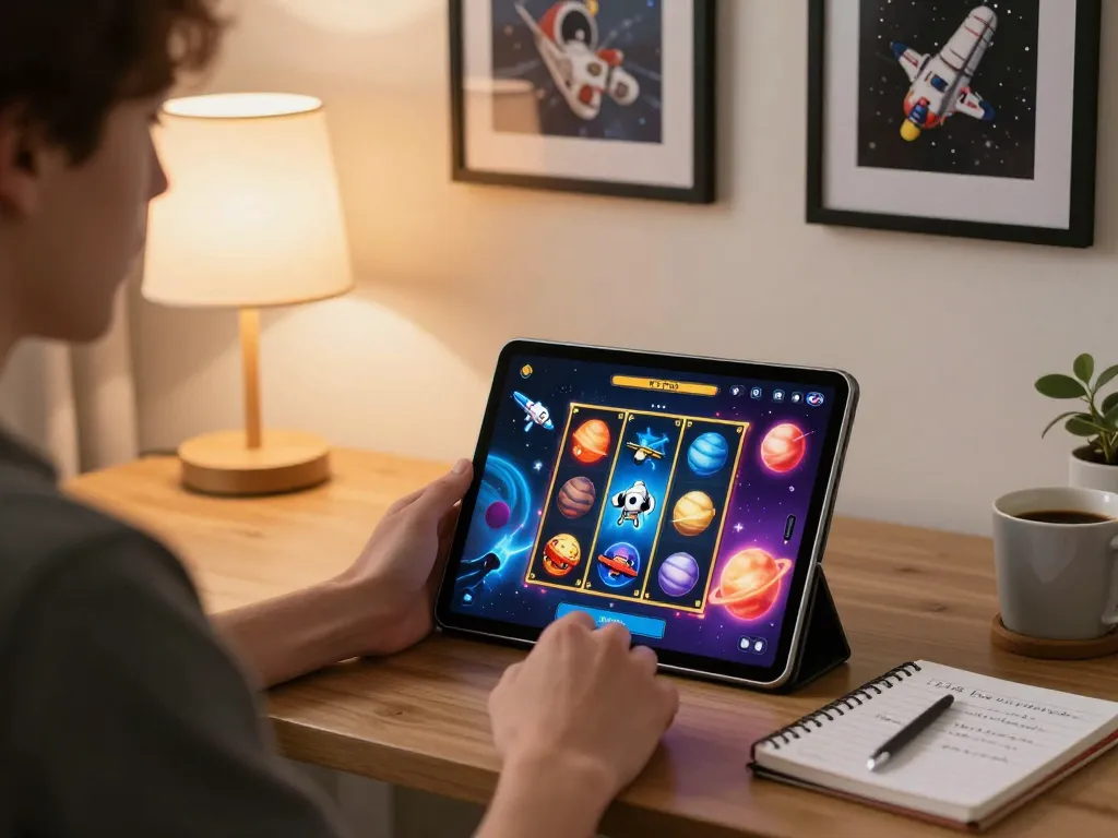Menggunakan permainan slot spaceman di tablet dalam suasana rumah yang nyaman dengan catatan strategi permainan