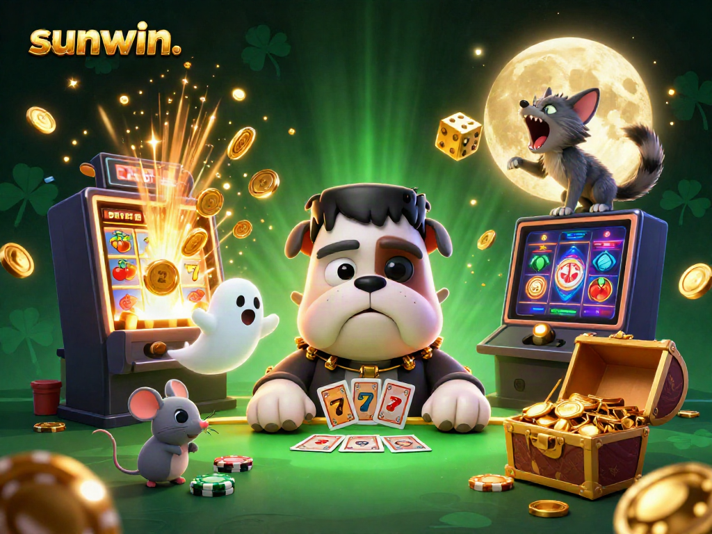 Engage in thrilling gameplay at sunwin. with a vibrant 3D casino scene featuring a bulldog dealer, a ghostly mouse, and a golden moon.