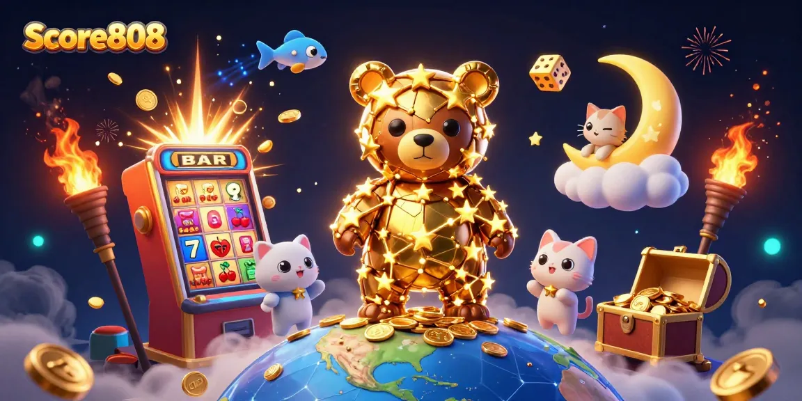 Experience the magic of Score808 with a vibrant slot machine and cartoon stars in this detailed 3D illustration.