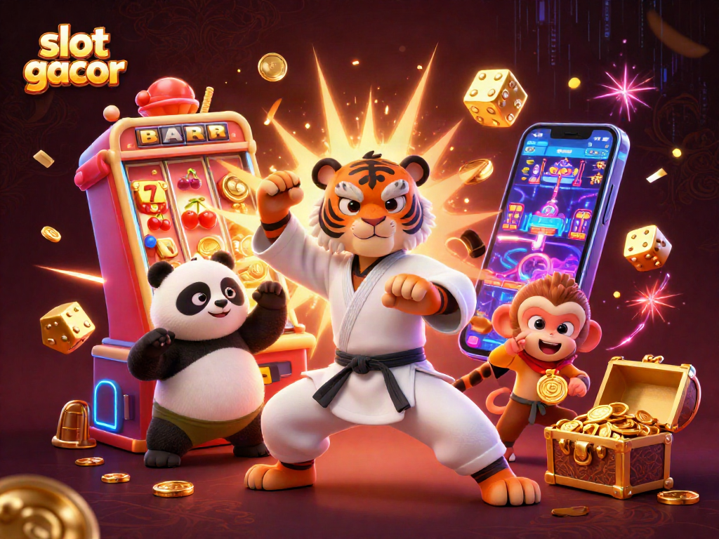 Experience excitement with slot gacor as kung fu characters celebrate a jackpot explosion in a vibrant casino scene.