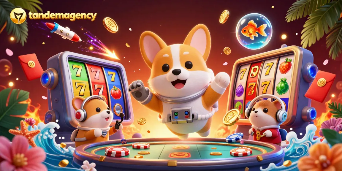 Tandemagency showcases a vibrant 3D casino scene with a floating corgi astronaut amidst slot reels, coins, and festive decorations.