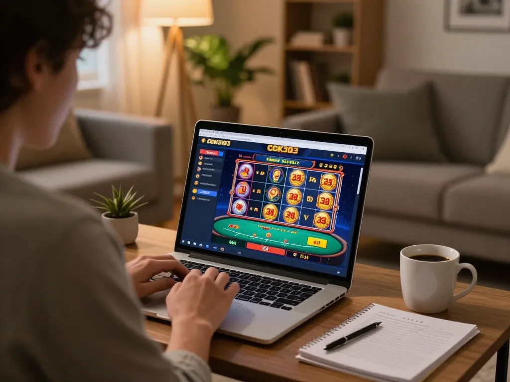 Player engaged with cgk303 online casino on laptop, surrounded by a cozy home atmosphere