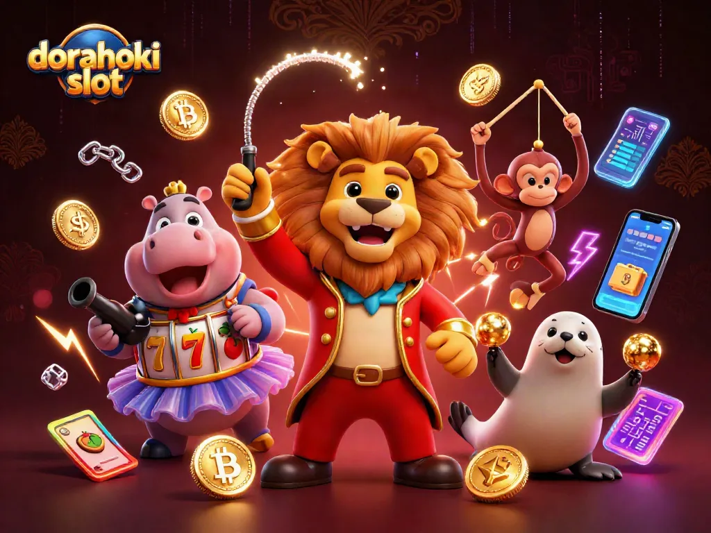 Menangkan dorahoki slot dengan ilustrasi kasino penuh warna menampilkan simbol mesin slot dan karakter menarik.