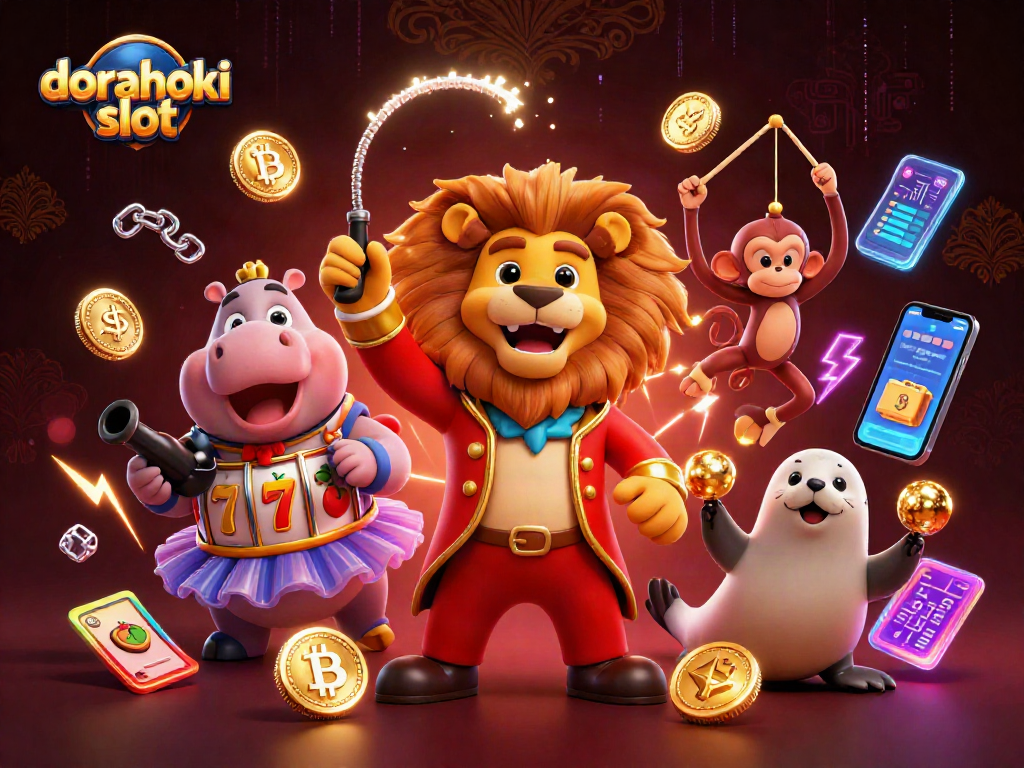 Menangkan dorahoki slot dengan ilustrasi kasino penuh warna menampilkan simbol mesin slot dan karakter menarik.