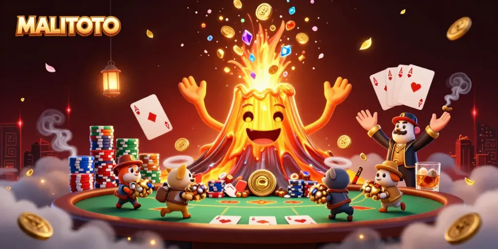 MALITOTO animated scene of a golden volcano erupting with treasure, set in a vibrant casino environment.