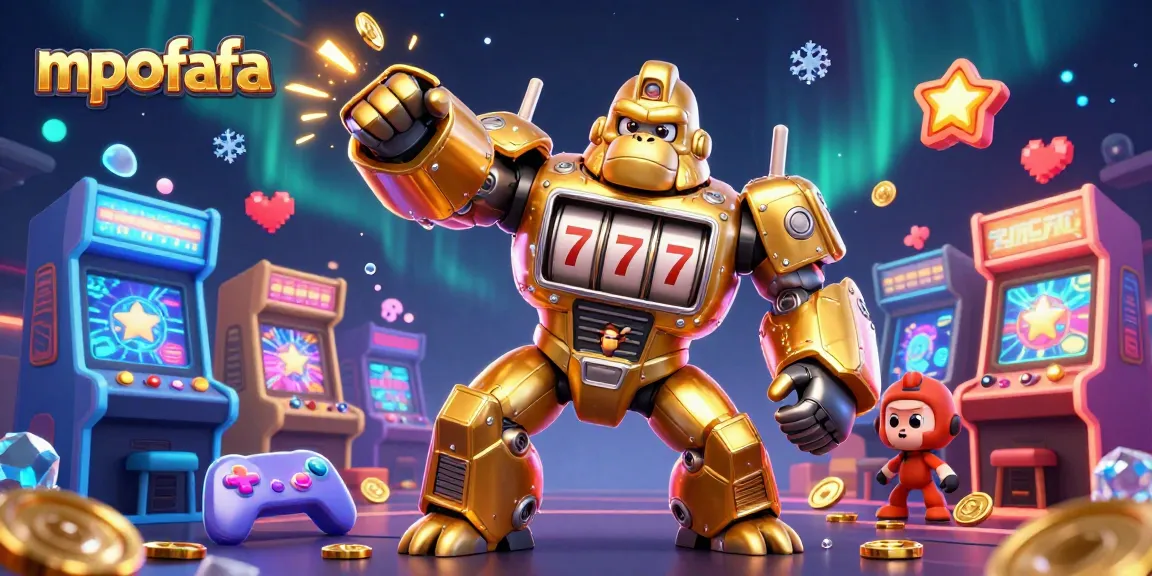 Engage with mpofafa's dynamic golden gorilla mech as it launches coins in a vibrant gaming scene.