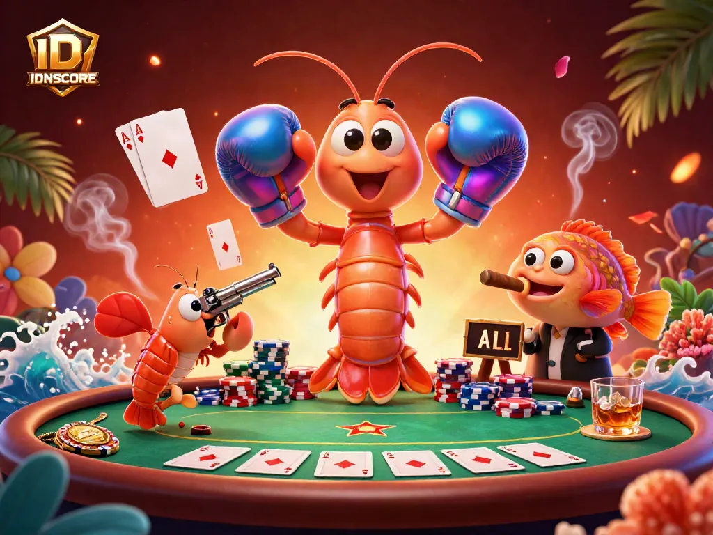 IDNSCORE showcases an intense poker scene with vibrant sea creatures as players at a casino table.