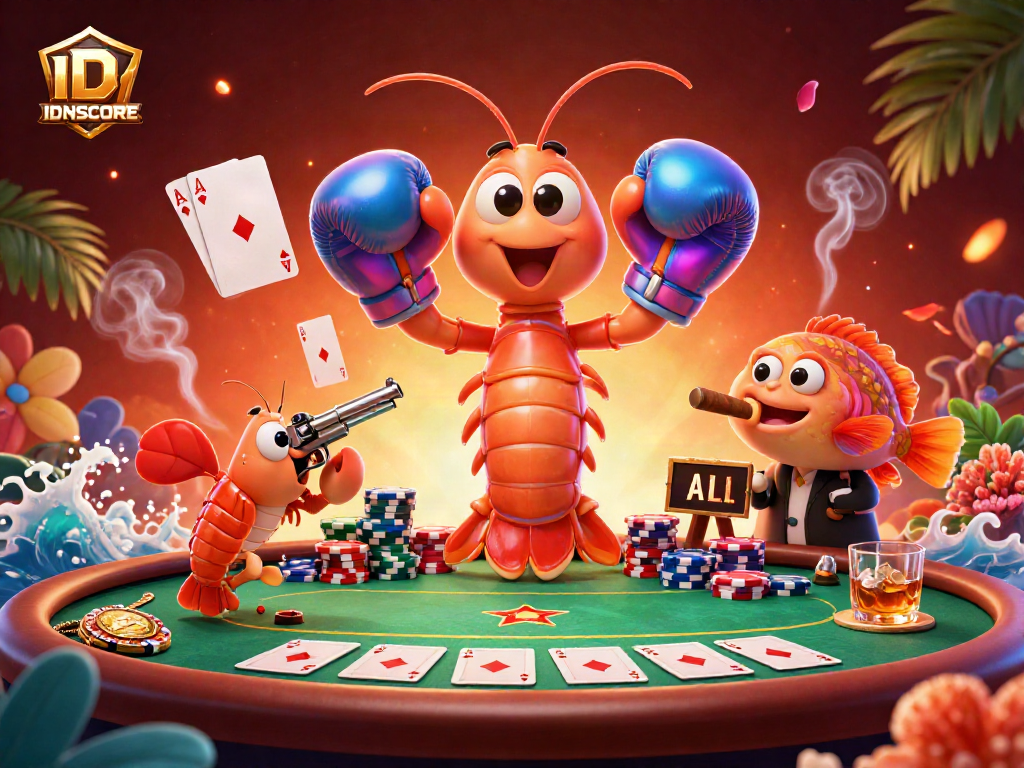 IDNSCORE showcases an intense poker scene with vibrant sea creatures as players at a casino table.