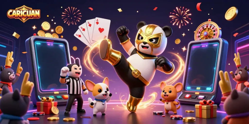 Experience the excitement of CARICUAN with a dynamic scene of cartoon characters celebrating gaming wins.