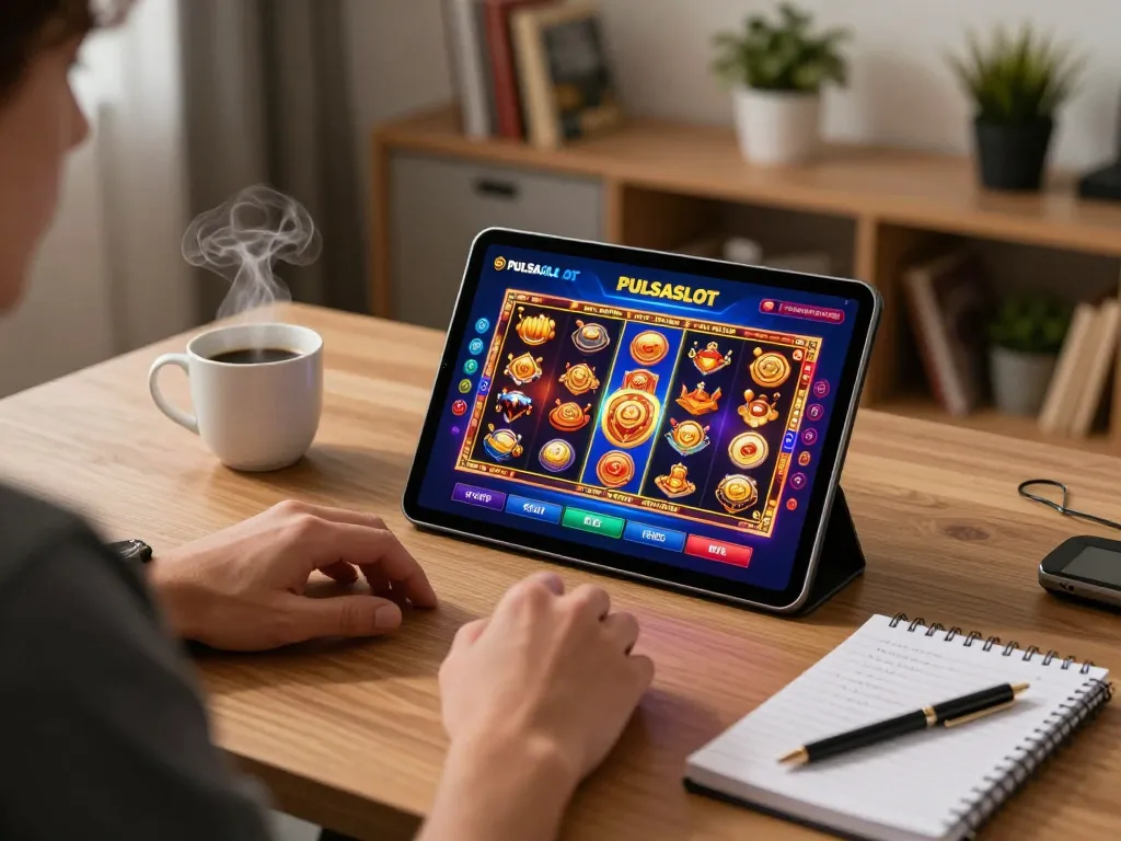 PULSASLOT user engaging in online slots gaming with tablet and coffee in a comfortable home setup.