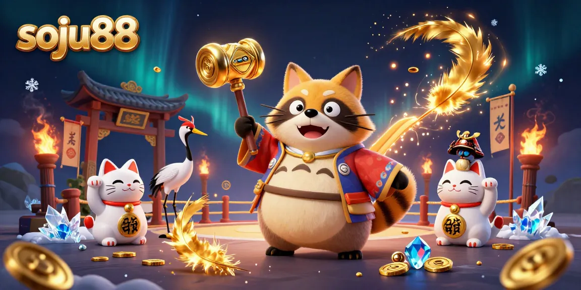 Engage with the vibrant world of soju88 in this dynamic 3D casino-themed illustration featuring a cheerful tanuki.