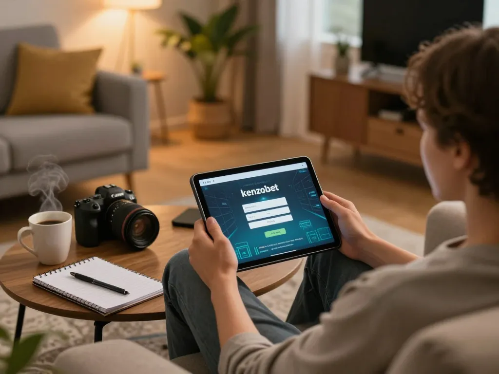 Engaging in kenzobet login from a cozy home gaming setup with tablet and strategy notes.