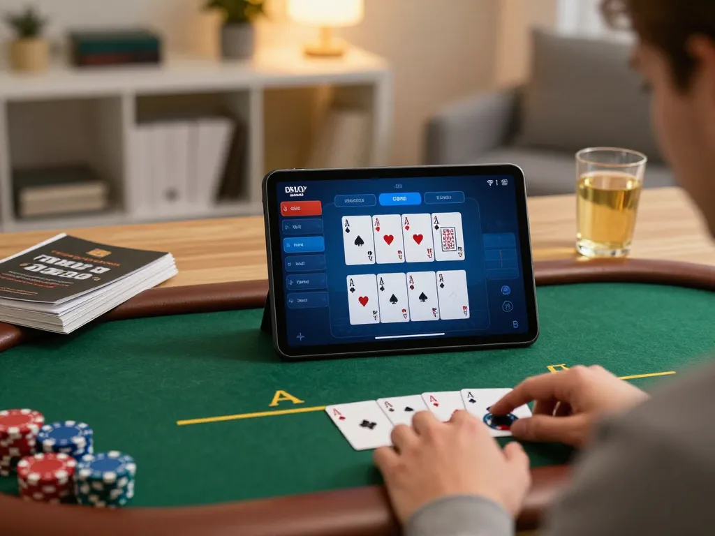 Player enjoying live poker on a tablet with engaging interface showcasing F 168, emphasizing strategic online gambling.