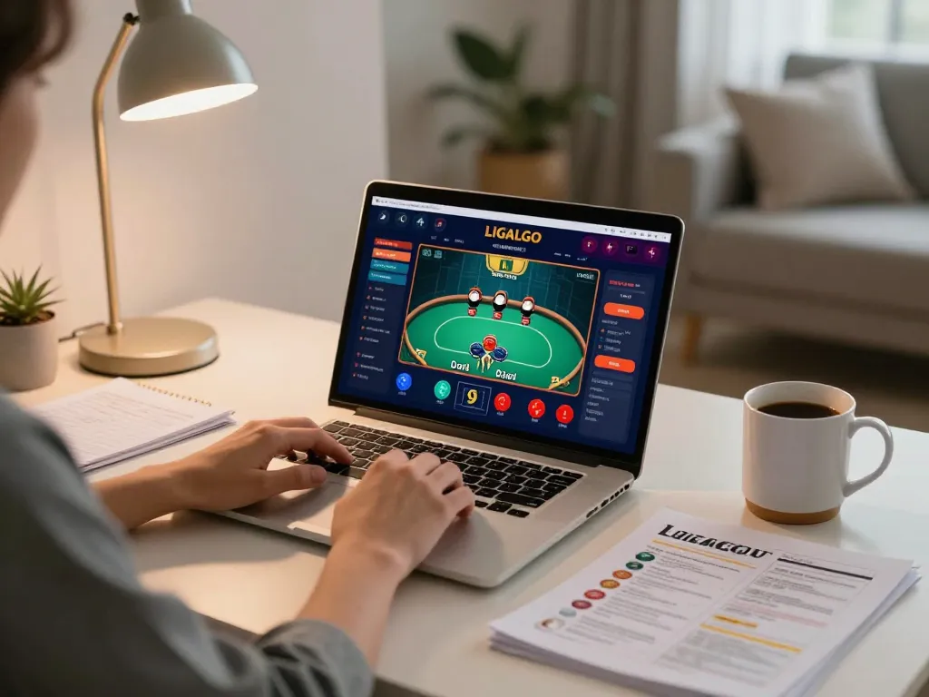 A player enjoying LIGALGO casino interface for poker, showcasing a cozy home gaming setup.