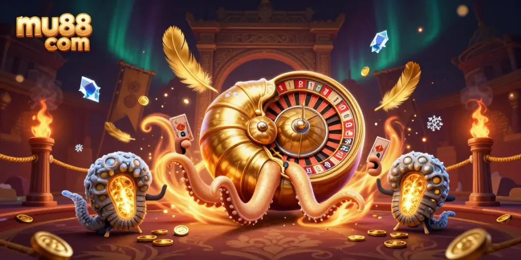 Engage with the thrilling atmosphere of mu88 com through this vibrant 3D casino scene featuring a giant nautilus and glowing ammonites.