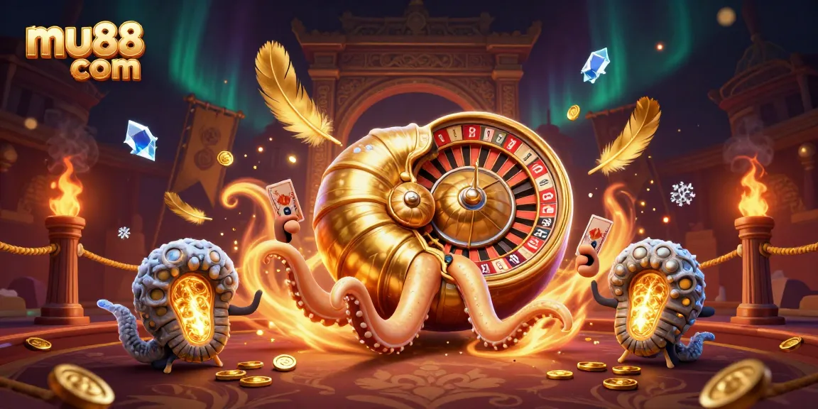 Engage with the thrilling atmosphere of mu88 com through this vibrant 3D casino scene featuring a giant nautilus and glowing ammonites.