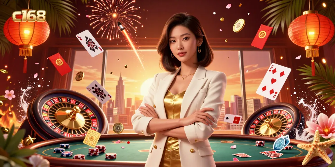 C168 casino scene featuring an elegant Asian woman holding cards, dynamic games elements illuminating the experience.