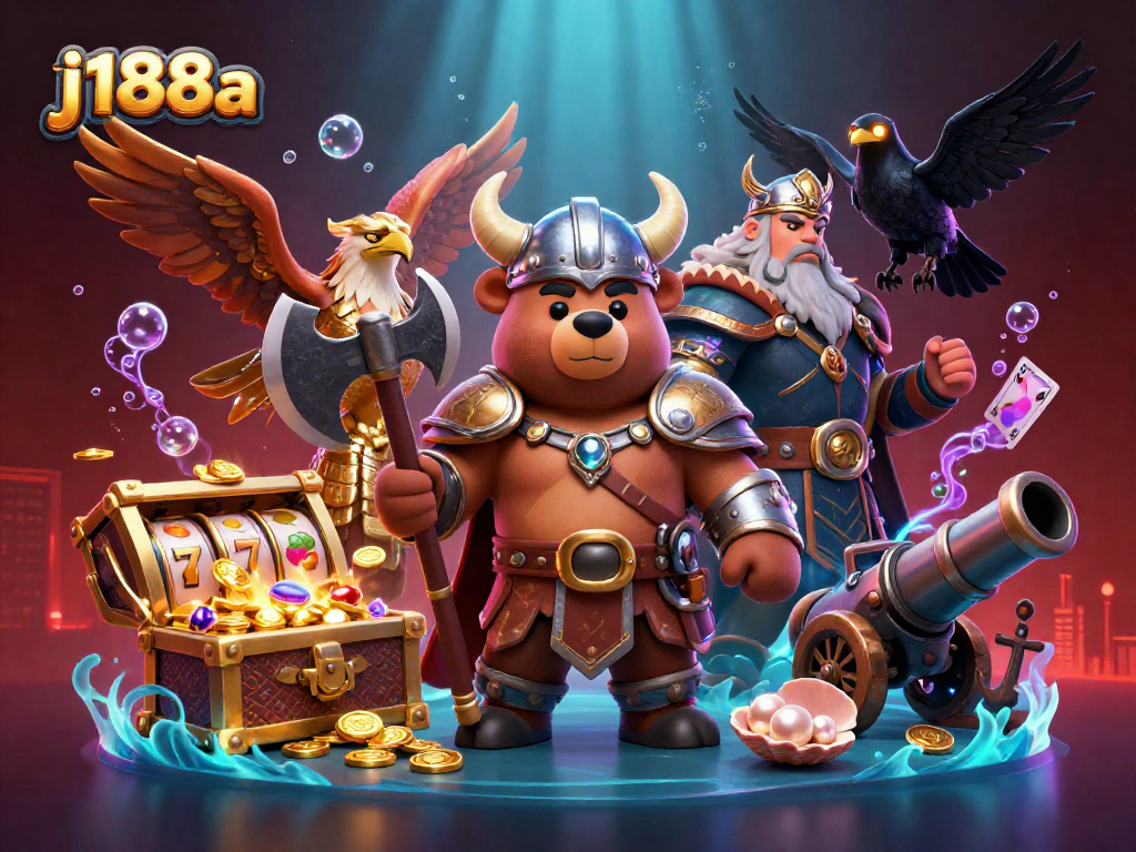 Experience thrilling gameplay with j188a's 3D Viking and eagle characters among dynamic casino elements.