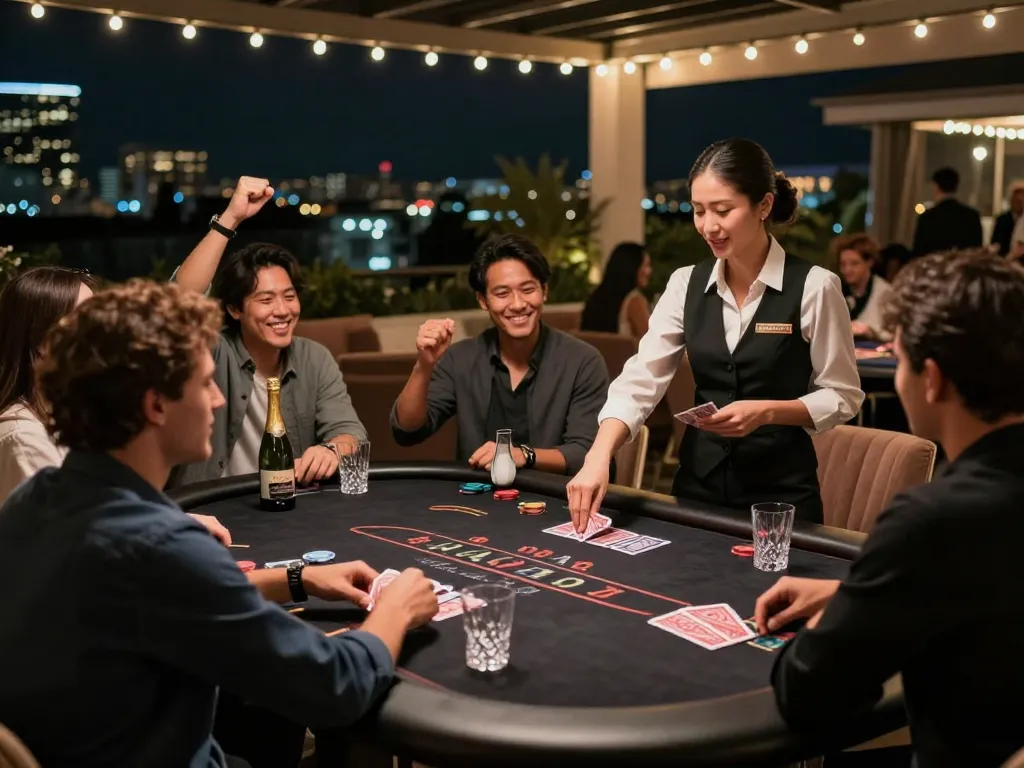 MPOID players enjoying a thrilling blackjack game on a lively casino terrace under string lights.