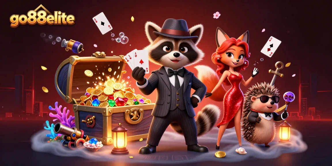 Experience the excitement at go88elite with a raccoon, fox, and hedgehog in a vibrant casino scene.