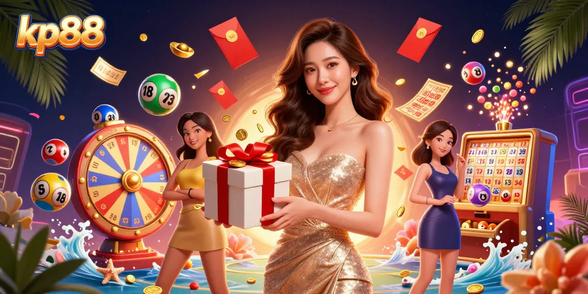 Win big with kp88 at our vibrant casino-themed illustration featuring exciting games and festive elements.