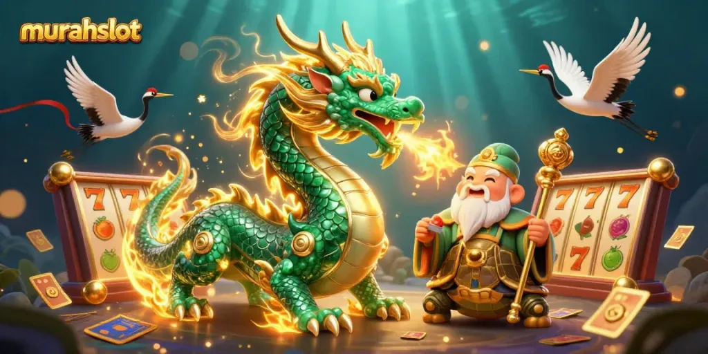 Win big with murahslot in this vibrant 3D illustration of a jade dragon and lucky symbols.