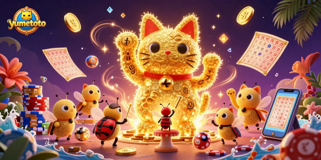 Engage with yumetoto's vibrant lottery scene, showcasing festive symbols and winning moments.