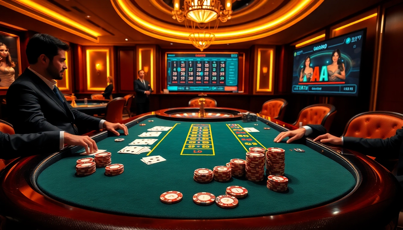 Engaging casino scene featuring nhà cái uy tín poker table with vibrant chips and cards.