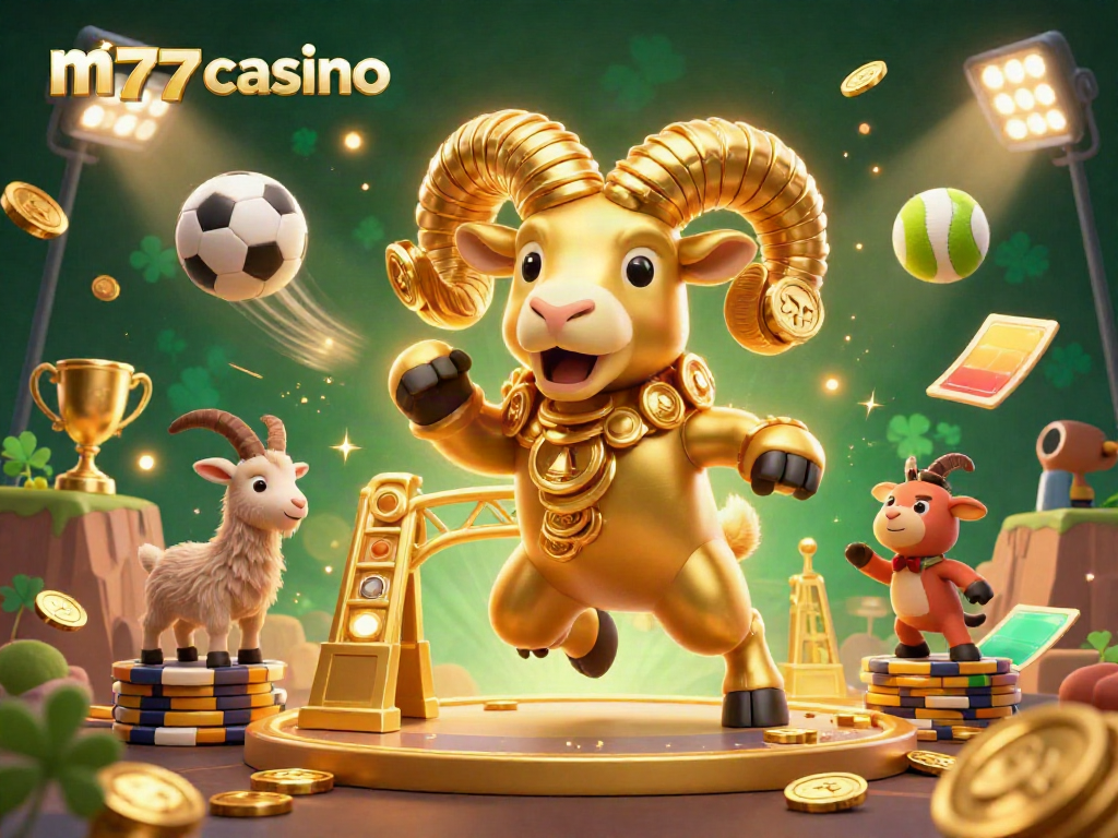 Gambarkan keceriaan taruhan di m77casino dengan ram emas dan elemen komedi olahraga.