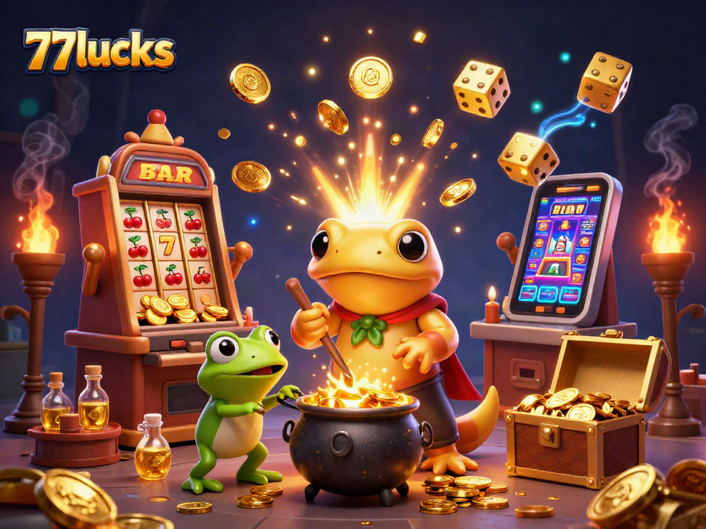 77lucks menyajikan ilustrasi slot yang menggoda dengan koin emas dan simbol keberuntungan.