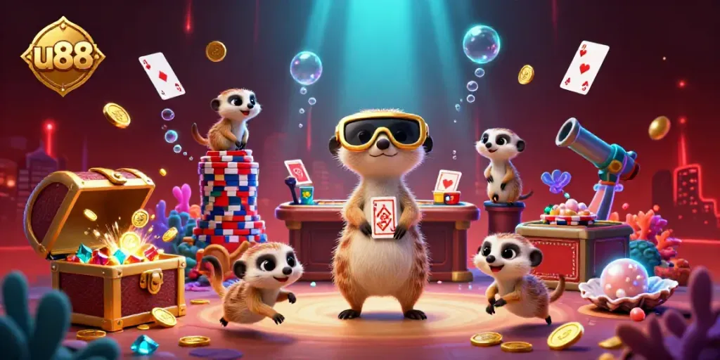 Experience the fun at u88 with cartoon meerkats operating a lively casino scene featuring playful energy and vibrant colors.