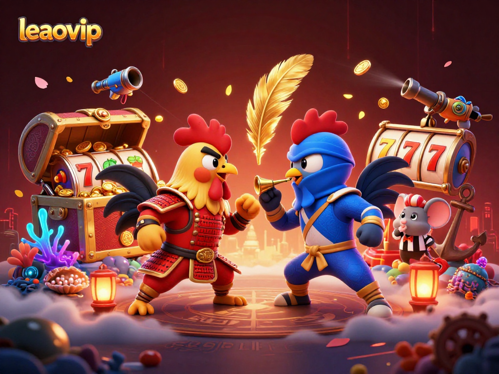 Engage with leaovip's dynamic casino scene featuring fighting roosters amidst spinning slot reels and falling coins.