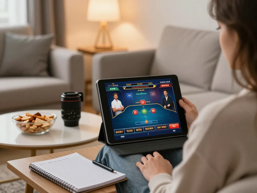 Engaging in đánh đề online with a tablet, warm home setting, showcasing strategic betting.
