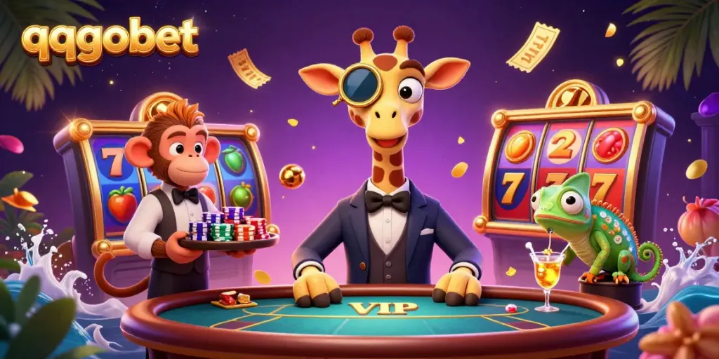 qqgobet menampilkan penggambaran kasino yang dinamis dengan karakter unik dalam suasana slot yang megah