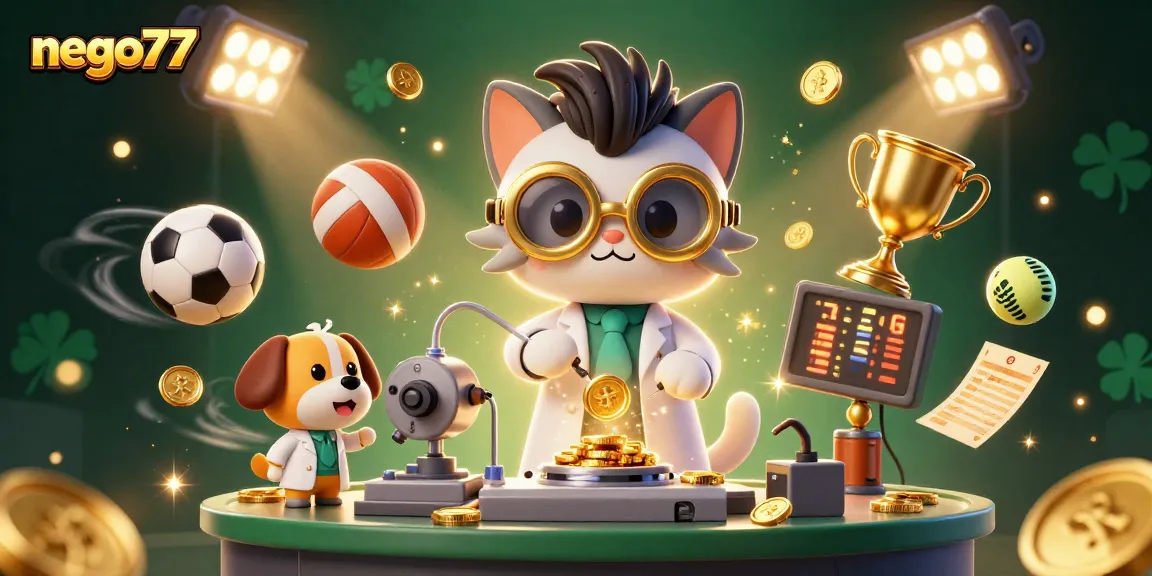 Nego77 outlines immersive gaming action with a mad scientist cat and assistant revealing winning strategies.