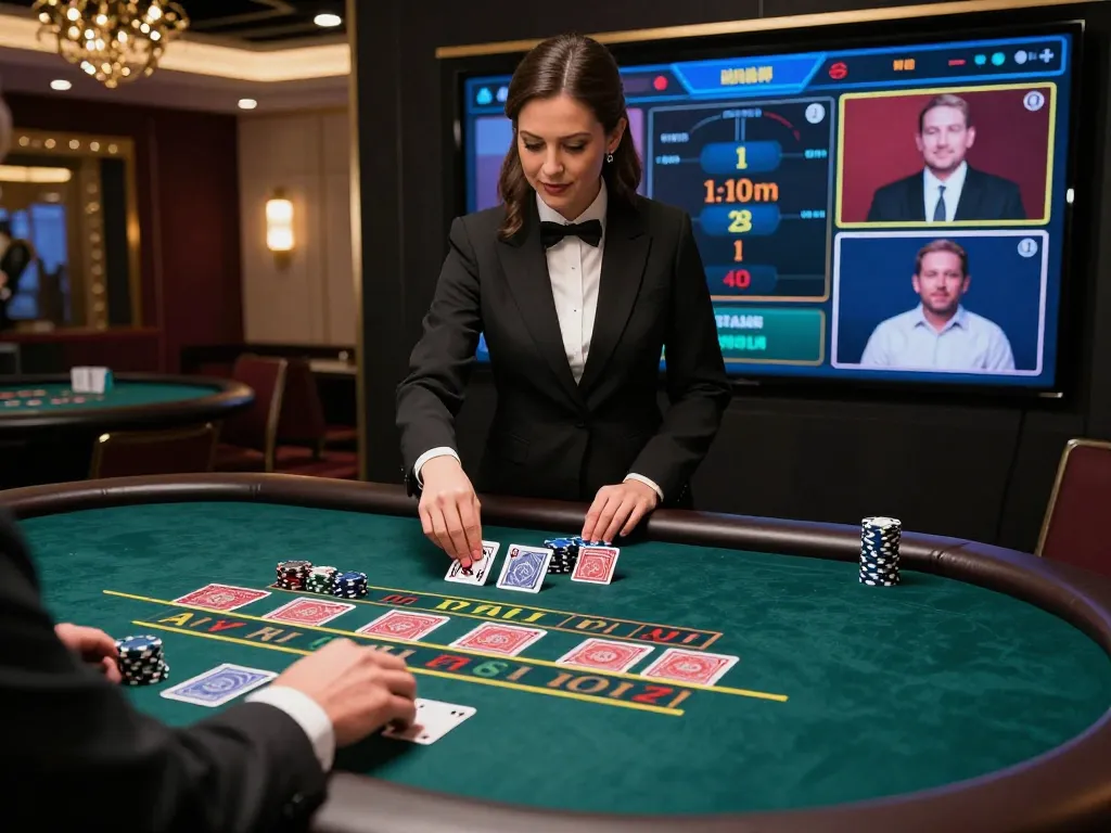 Pemain yang terlibat dalam perjudian online dengan aplikasi ondel4d yang menampilkan dealer blackjack langsung, menampilkan taruhan interaktif.