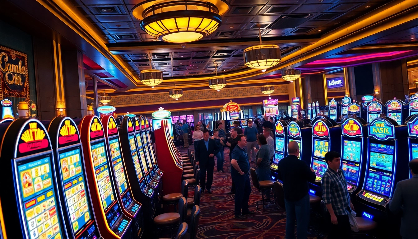Putaran mesin slot yang menarik perhatian di kasino modern dengan pemain antusias.