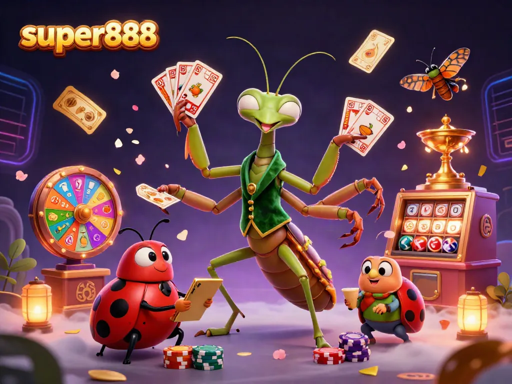 Menggulung mesin slot di super888 dengan karakter menarik dalam suasana kasino yang meriah.