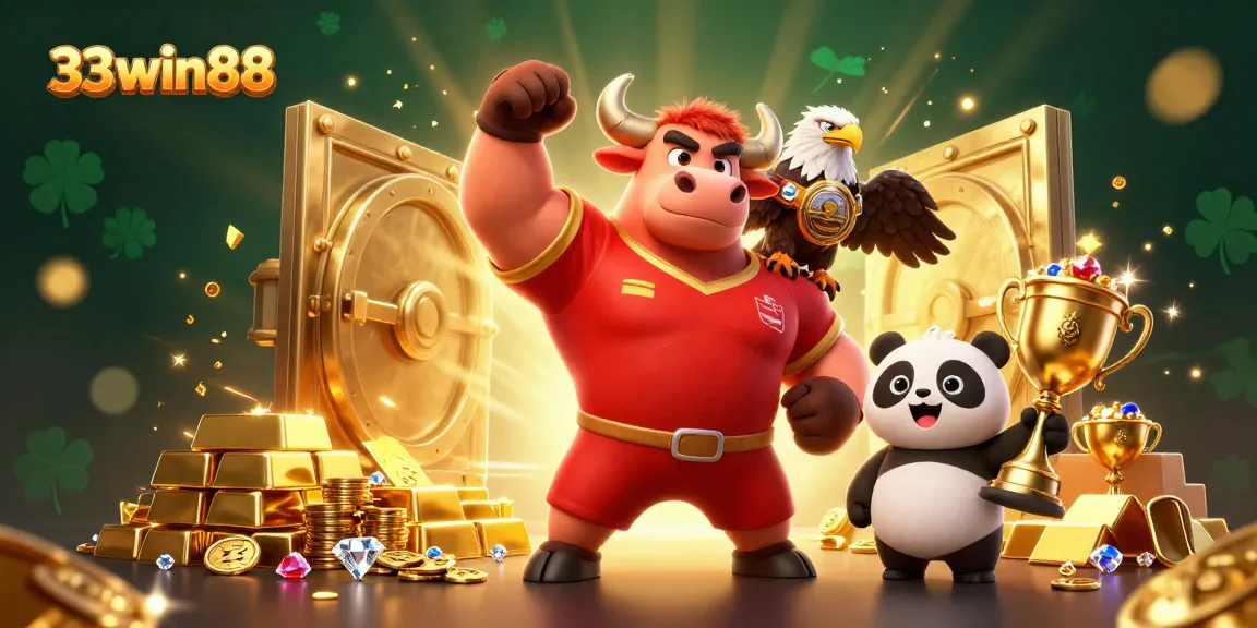 Experience the thrill of wins at 33win88 with a victorious bull mascot and exciting casino elements.