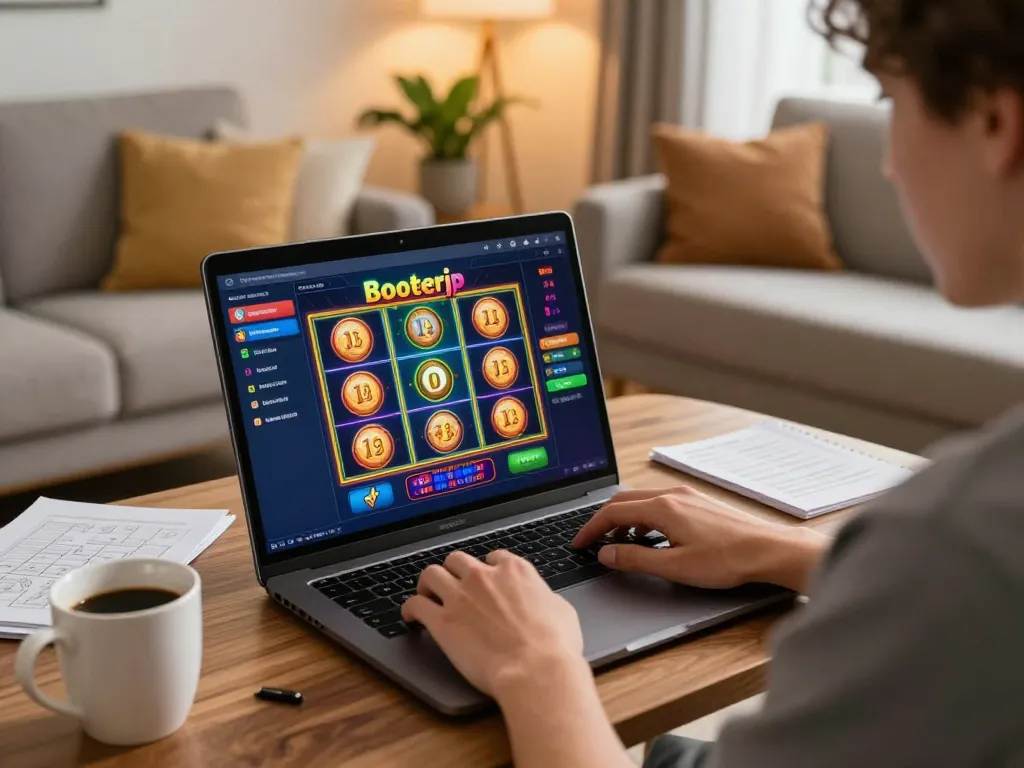 Engaging scene with a player enjoying boosterjp slot games at home, showcasing a cozy gaming atmosphere.