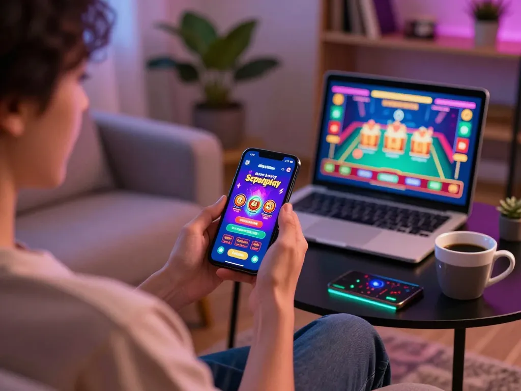 Enjoying mobile gaming on daftar Sepuhplay app in a relaxing home setting with friendly atmosphere and engaging visuals.