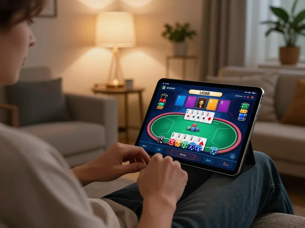 Engaging with the UG88 app for online poker gameplay in a cozy home setting