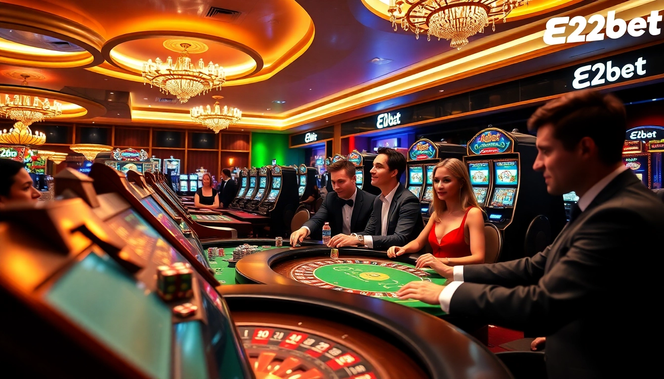 E2bet players engaged in a thrilling casino experience with vibrant gaming tables and slot machines.