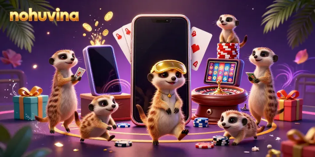 Engage in dynamic gameplay with nohuvina's colorful slot game, featuring meerkats in a vibrant casino setting.