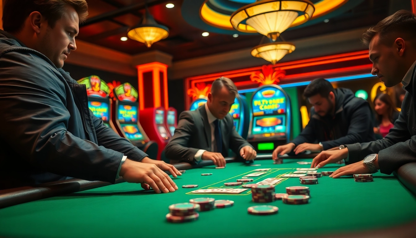 tkp188 Menampilkan suasana kasino dengan pemain poker yang serius dan mesin slot terang.