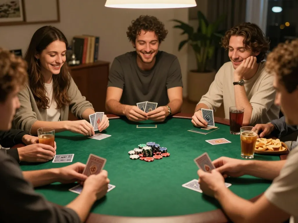 Kaisar 888 poker night with friends enjoying a home game, showcasing excitement and strategy in intimate setting