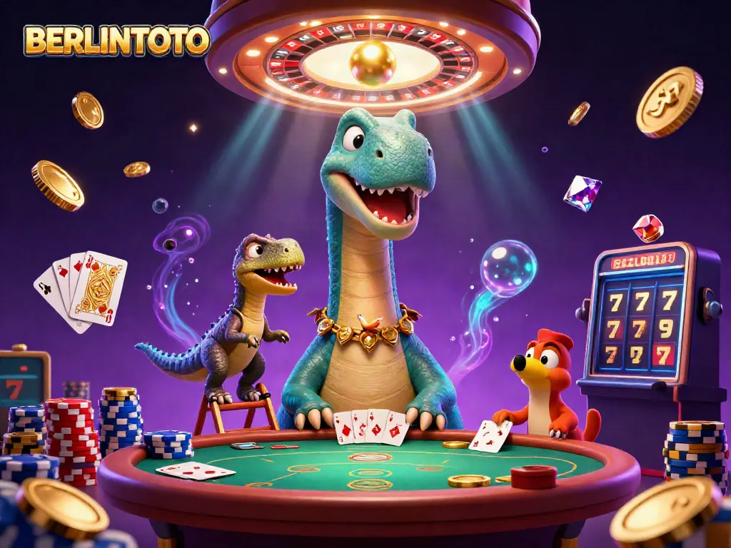 Experience the excitement of BERLINTOTO with a vibrant 3D cartoon gambling scene filled with dynamic action elements.