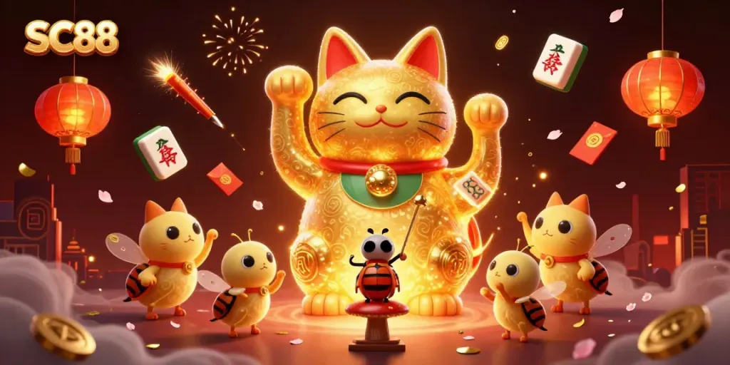 Engage with SC88 through a vibrant lucky cat symbol surrounded by dynamic casino elements.