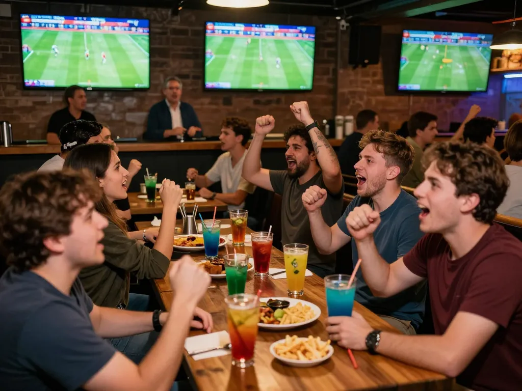 Socolive trực tiếp experience at a lively sports bar with excited fans cheering during a football match.