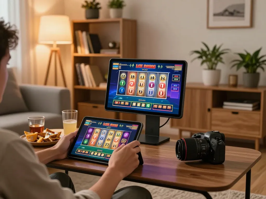 Playing a thrilling toto slot game on a tablet in a cozy home setting with ambient lighting and snacks.